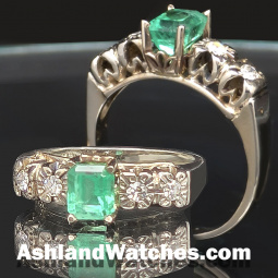 Vintage Emerald Diamond Engagement Ring in 18K White Gold